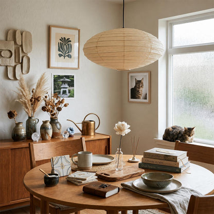 Vintage Wabi-Sabi home interior featuring Stuber Lighting handmade ribbed paper lantern hanging light, organic modern dining and lounge decor with warm earth tones.