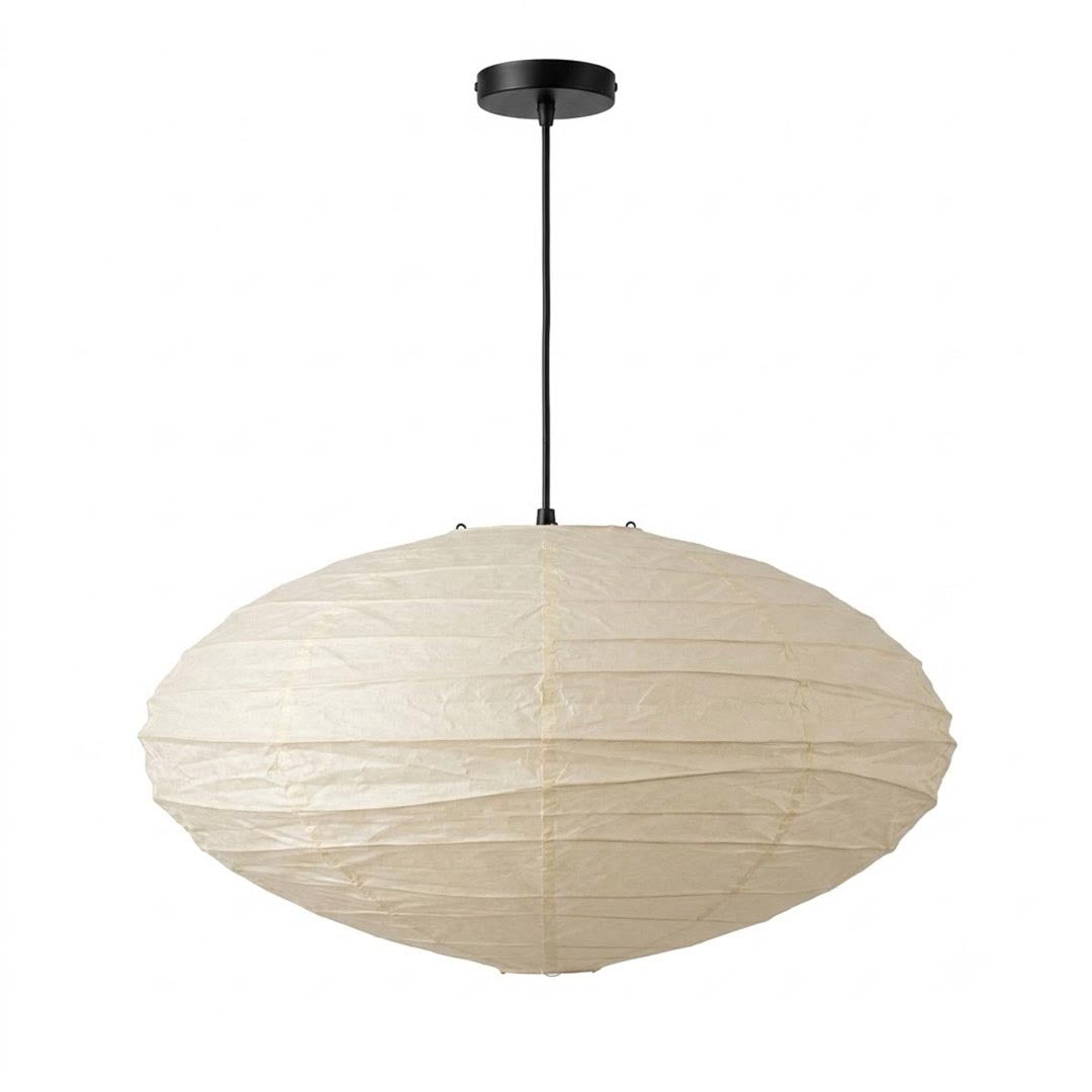 Nordic minimalism style ribbed paper lantern chandelier by Stuber Lighting, vintage oval shape hanging ceiling light fixtures for Japandi living room and bedroom decor.