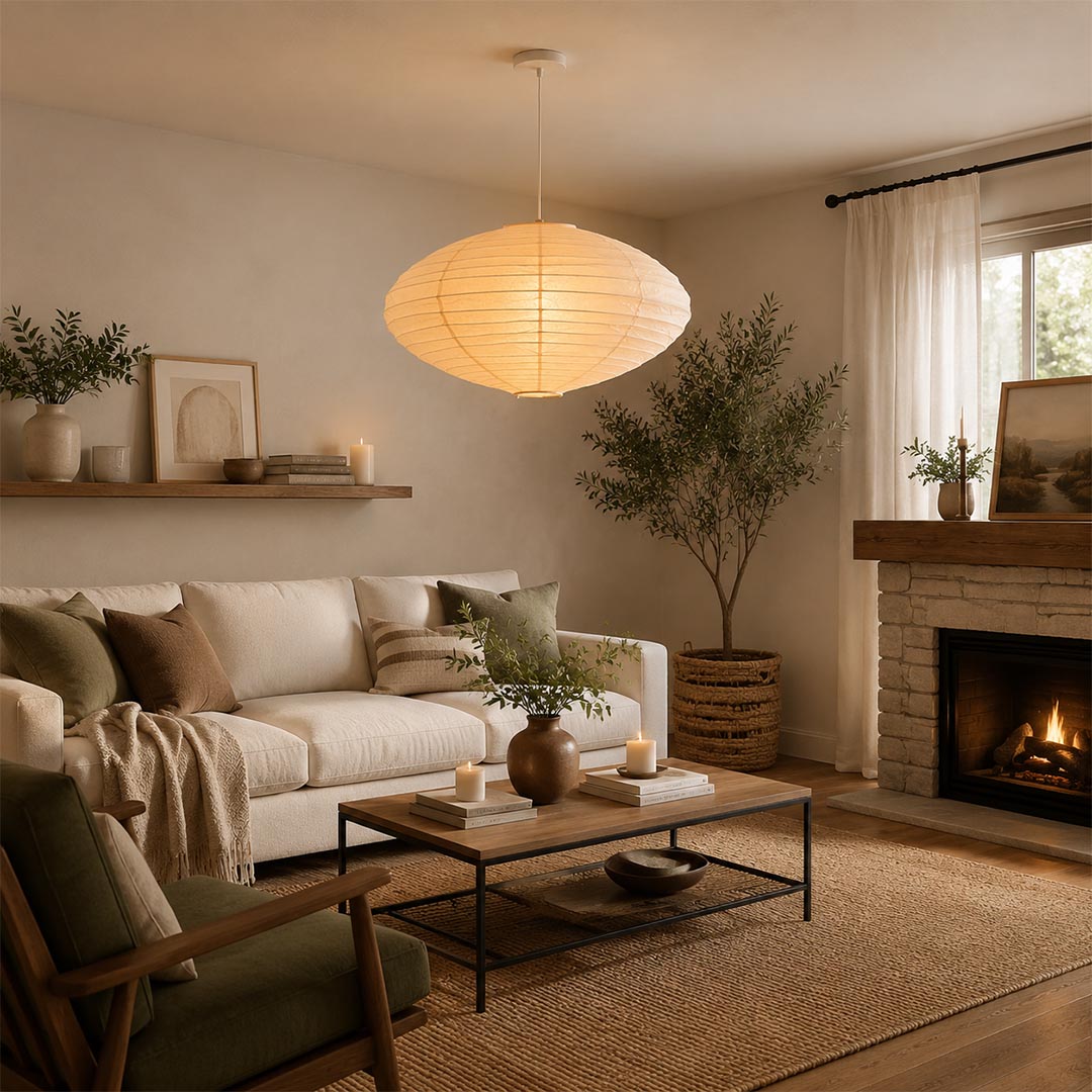 Warmly lit Stuber Lighting oval rice paper pendant lamp hanging in a cozy living room, minimalist Japandi style home decor with a sofa and fireplace.