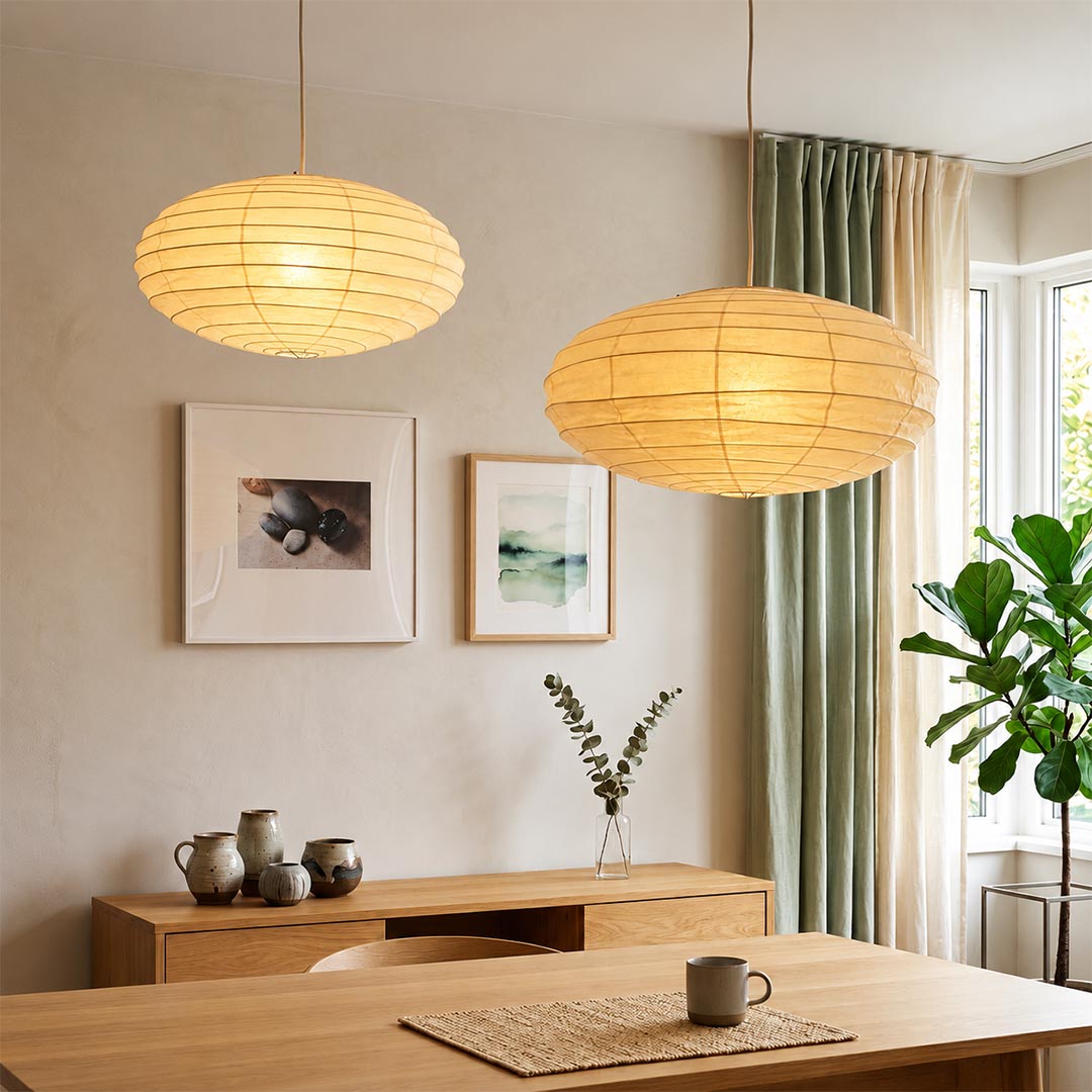 Washi Paper EN Series Pendant Light saucer shape illuminated with warm glow