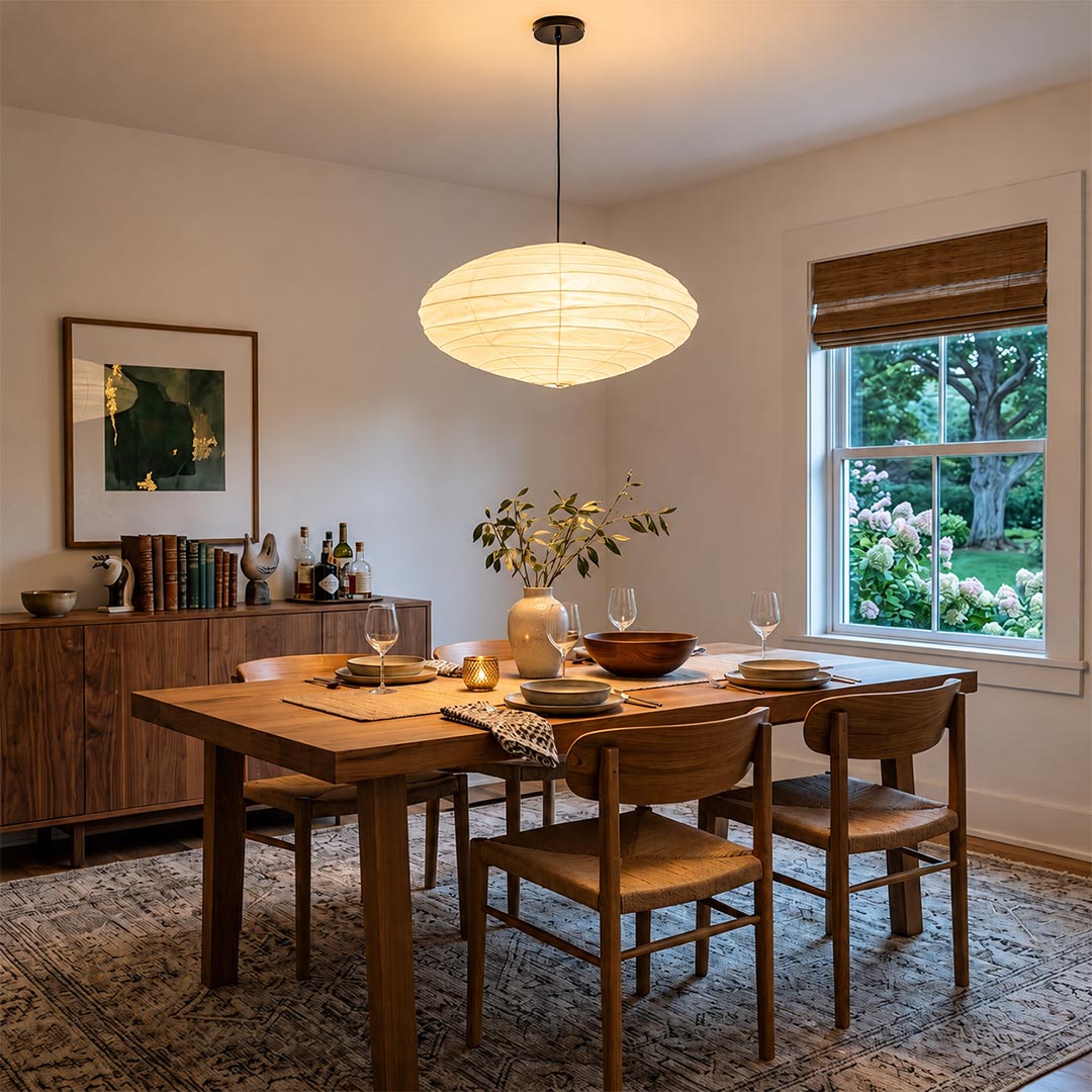 Warmly lit Stuber Lighting oval rice paper pendant lamp centered over a wooden dining table, organic modern interior design and elegant Wabi-Sabi style dining room decor.