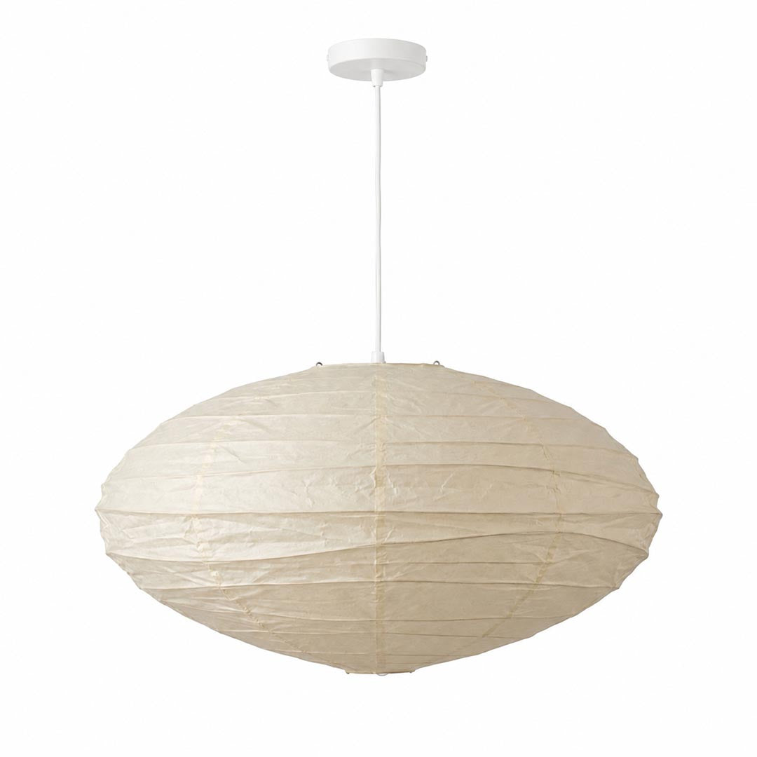 Nordic minimalism style ribbed paper lantern chandelier by Stuber Lighting, vintage oval shape hanging ceiling light fixtures for Japandi living room and bedroom decor.