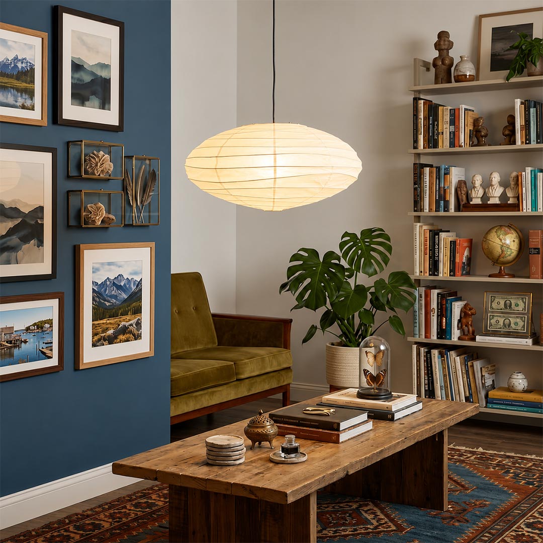Stuber Lighting Japanese paper lantern ceiling light fixture styled with natural wood furniture, neutral wall art prints, and a woven tapestry in a modern minimalist room.