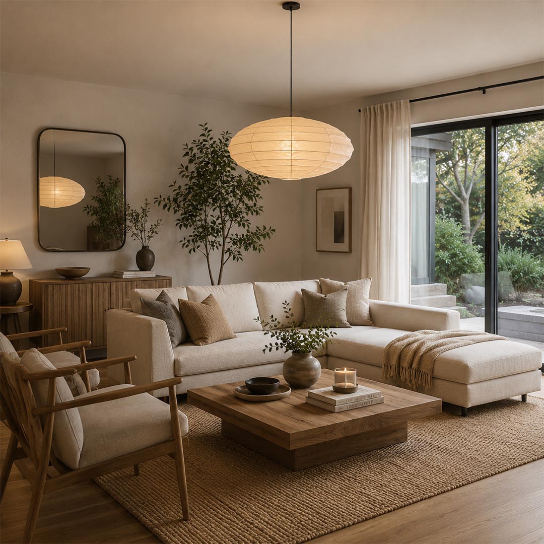 Warmly lit Stuber Lighting oval rice paper pendant lamp hanging in a cozy living room, minimalist Japandi style home decor with a sofa