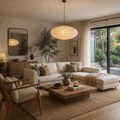 Warmly lit Stuber Lighting oval rice paper pendant lamp hanging in a cozy living room, minimalist Japandi style home decor with a sofa