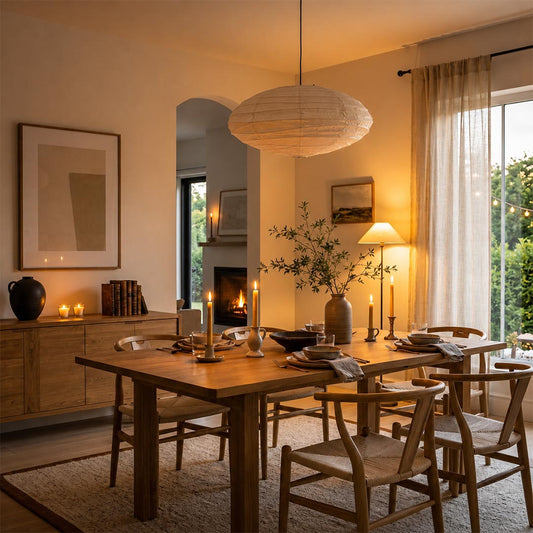 Vintage Wabi-Sabi home interior featuring Stuber Lighting handmade ribbed paper lantern hanging light, organic modern dining and lounge decor with warm earth tones.