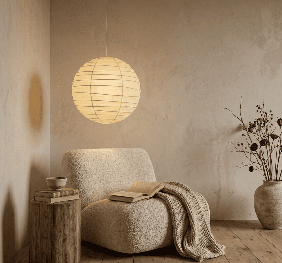 "Stuber handcrafted washi paper sphere pendant light emitting a warm, diffuse glow for minimalist Japandi interiors."