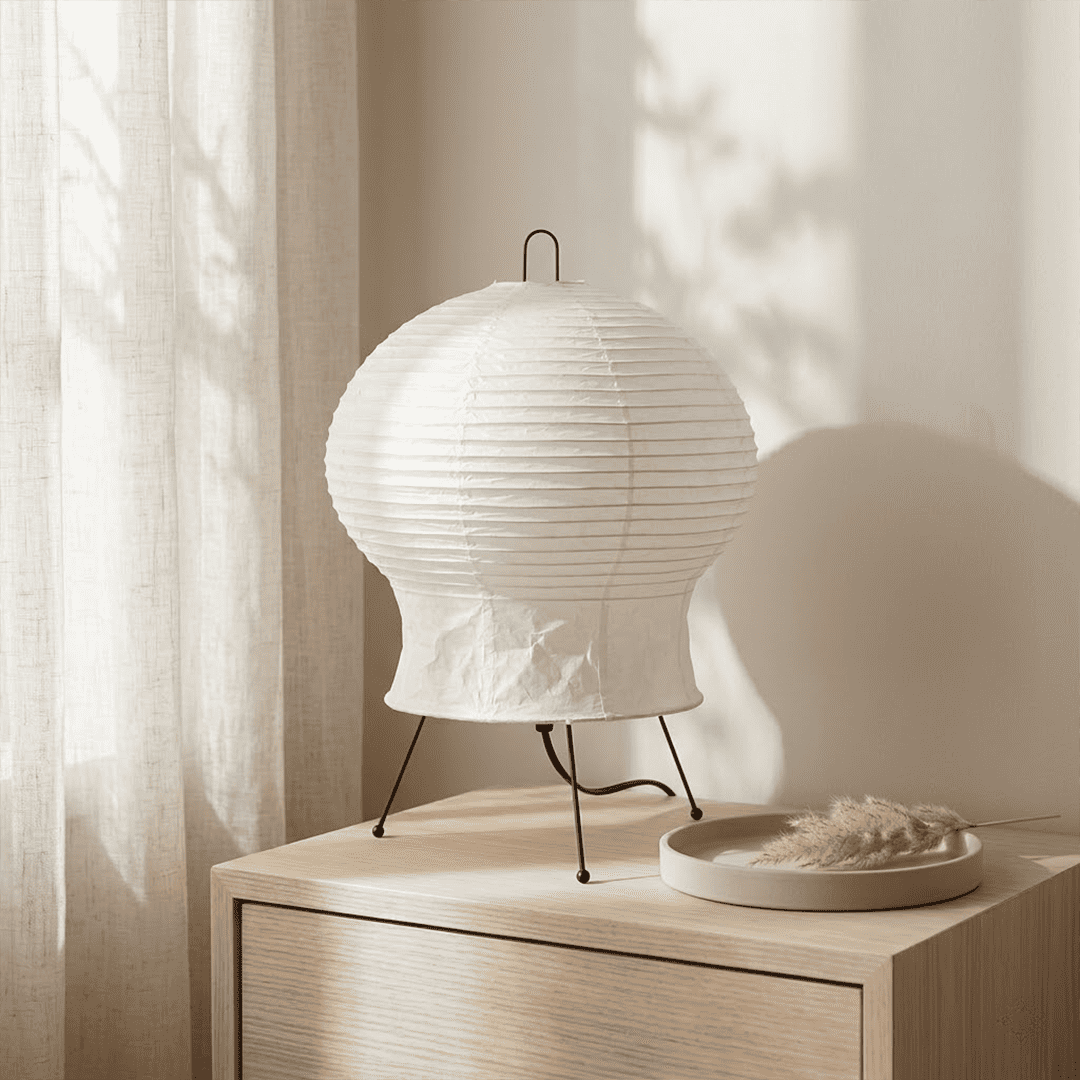 Akari 2N Table Lamp handmade with mulberry paper on a minimalist tripod stand, warm light glowing through textured washi paper.