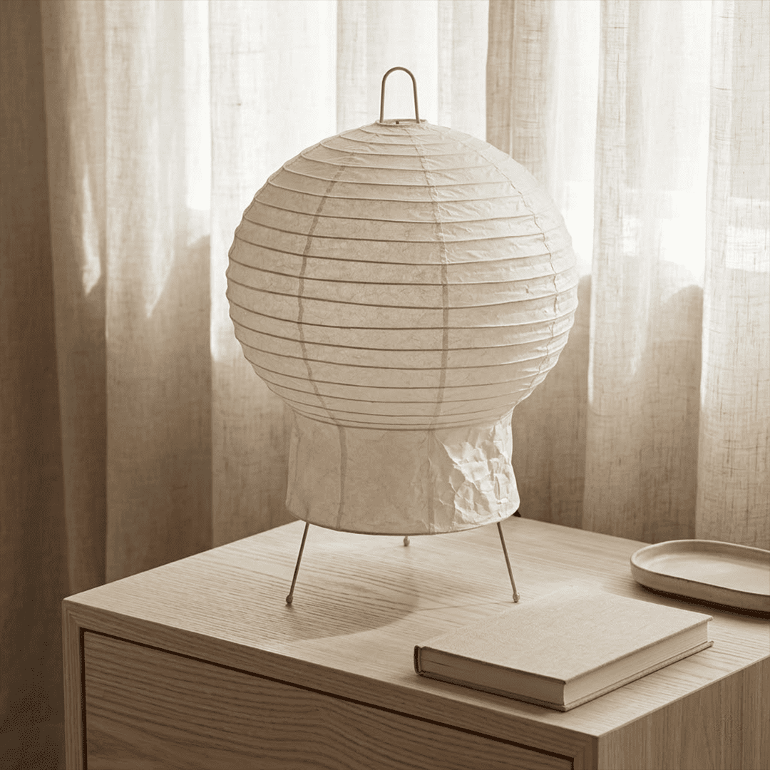 Akari 2N Table Lamp handmade with mulberry paper on a minimalist tripod stand, warm light glowing through textured washi paper.