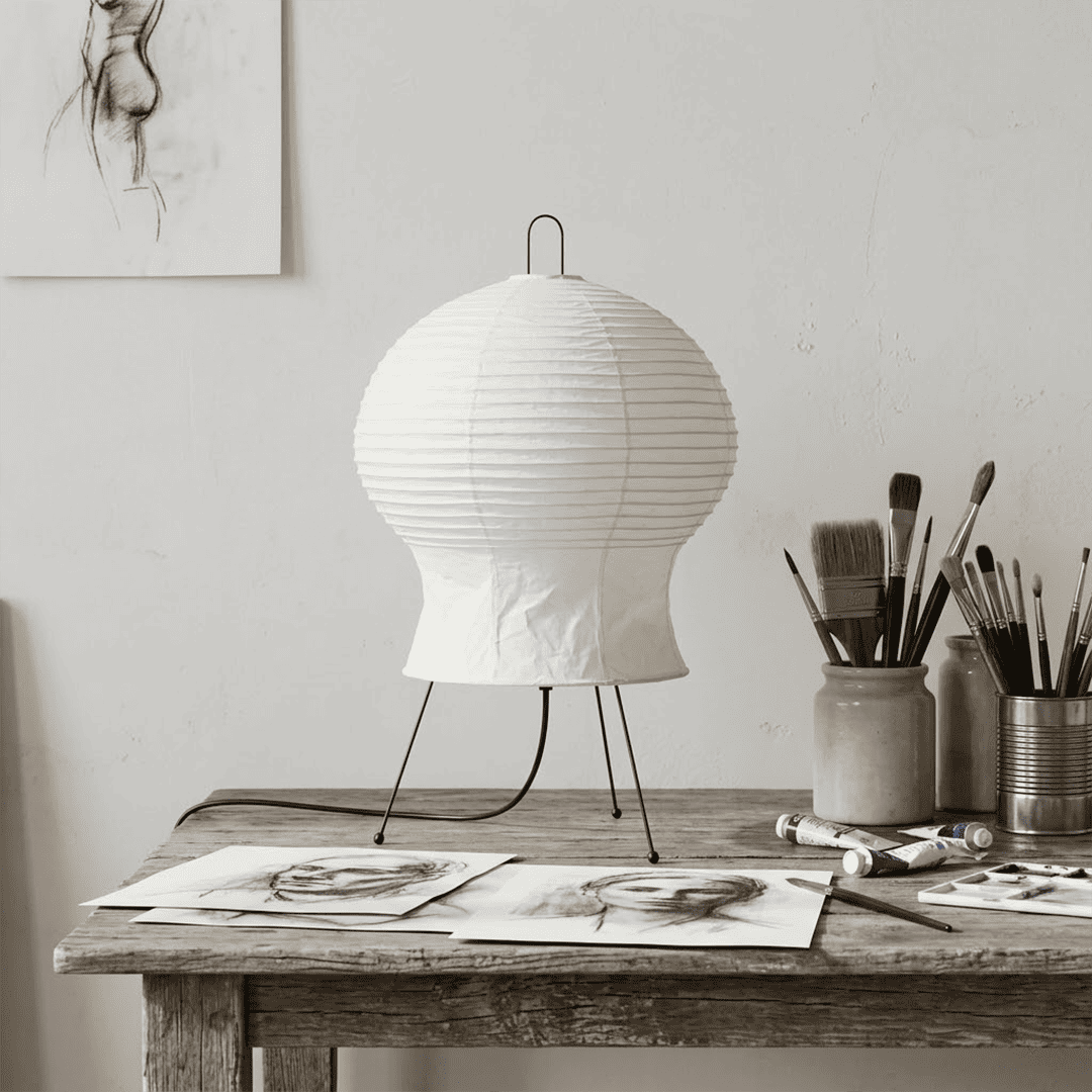Akari 2N Table Lamp handmade with mulberry paper on a minimalist tripod stand, warm light glowing through textured washi paper.