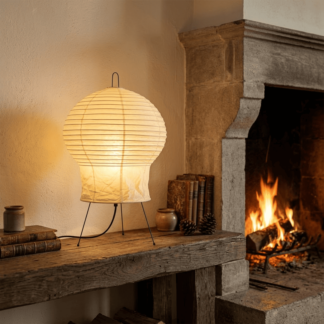 Akari 2N Table Lamp handmade with mulberry paper on a minimalist tripod stand, warm light glowing through textured washi paper.