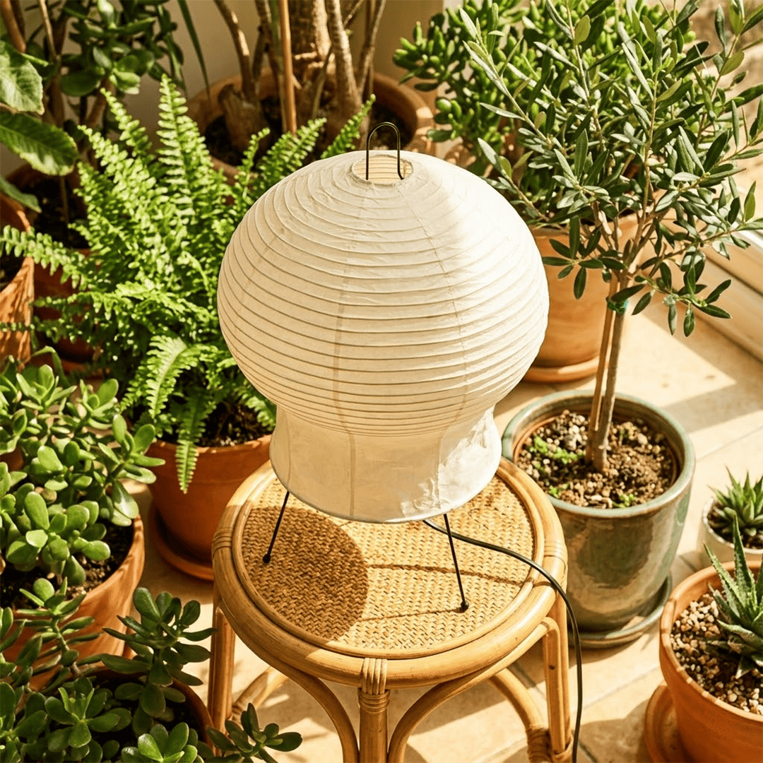 Akari 2N Table Lamp handmade with mulberry paper on a minimalist tripod stand, warm light glowing through textured washi paper.