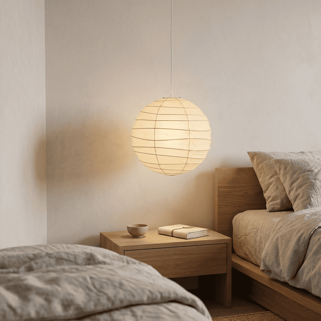 "Stuber handcrafted washi paper sphere pendant light emitting a warm, diffuse glow for minimalist Japandi interiors."