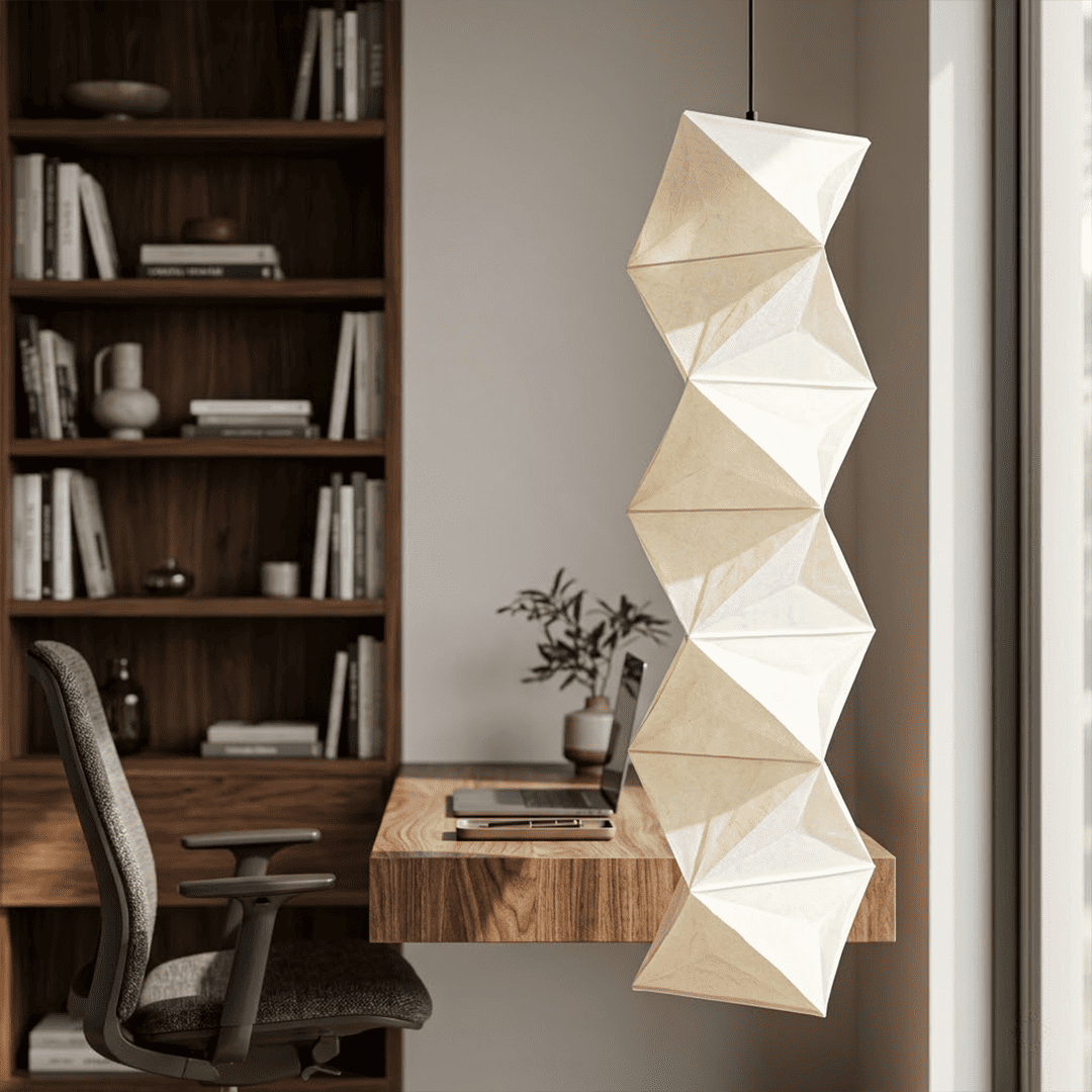 Large Akari L8 style vertical washi paper pendant light, 63 inches tall with accordion folds, emitting a warm ethereal glow.