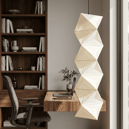 Large Akari L8 style vertical washi paper pendant light, 63 inches tall with accordion folds, emitting a warm ethereal glow.