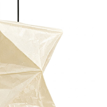 Large Akari L8 style vertical washi paper pendant light, 63 inches tall with accordion folds, emitting a warm ethereal glow.