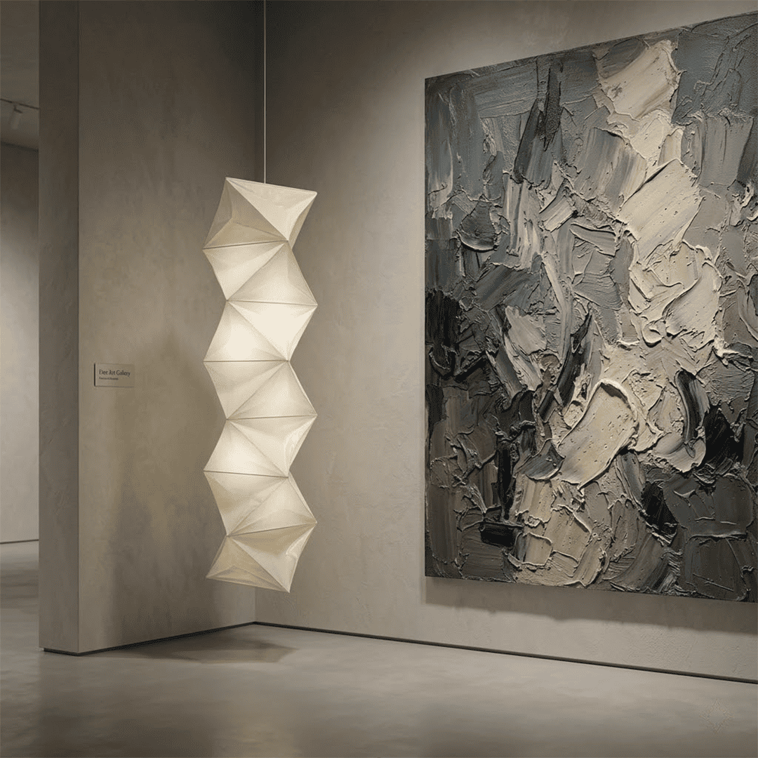 Large Akari L8 style vertical washi paper pendant light, 63 inches tall with accordion folds, emitting a warm ethereal glow.