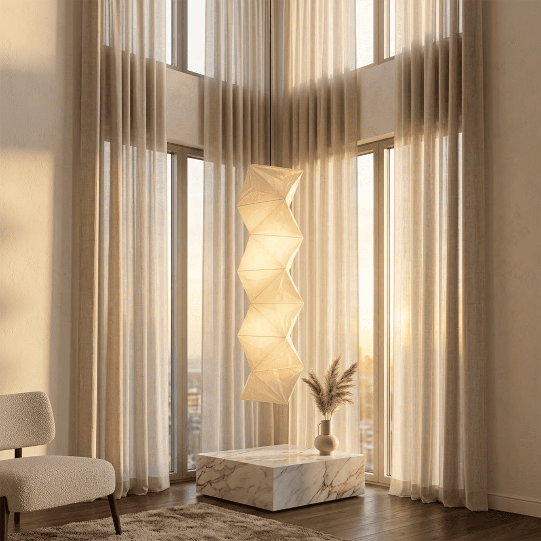 Large Akari L8 style vertical washi paper pendant light, 63 inches tall with accordion folds, emitting a warm ethereal glow.