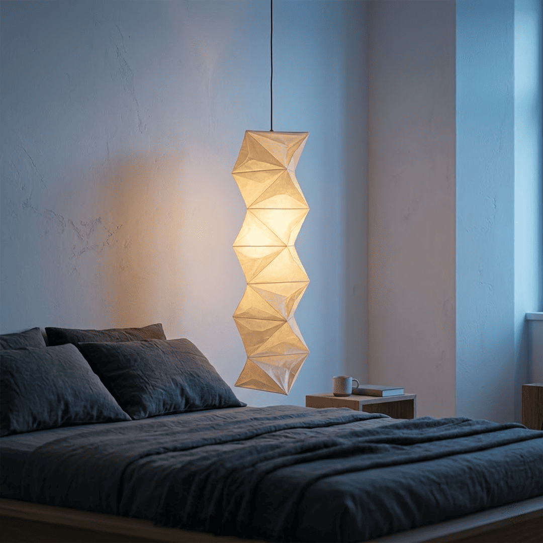 Large Akari L8 style vertical washi paper pendant light, 63 inches tall with accordion folds, emitting a warm ethereal glow.