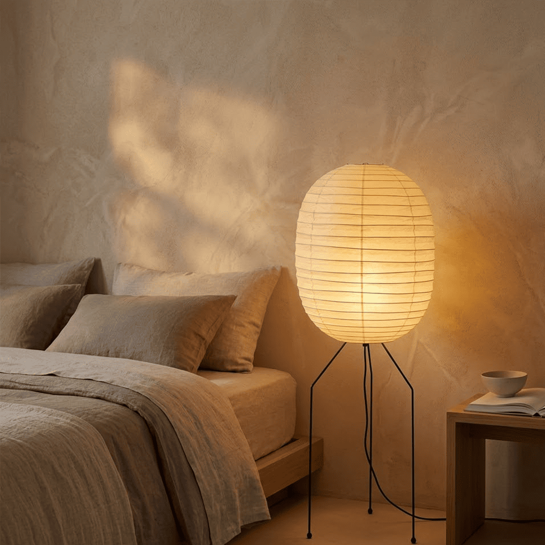 Large Akari UF3-DL floor lamp with a white washi paper shade on a black tripod metal stand, glowing with warm light in a minimalist room.