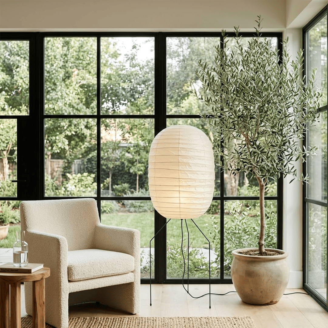 Large Akari UF3-DL floor lamp with a white washi paper shade on a black tripod metal stand, glowing with warm light in a minimalist room.