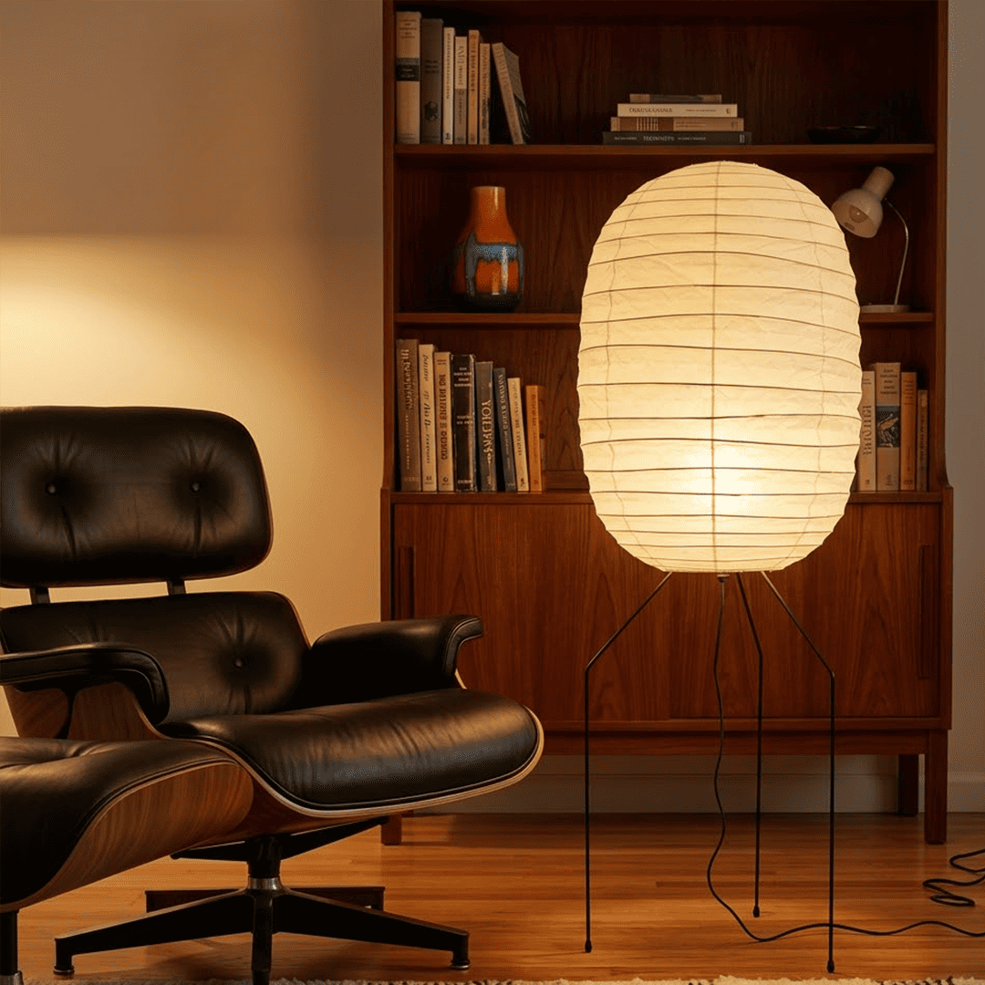 Large Akari UF3-DL floor lamp with a white washi paper shade on a black tripod metal stand, glowing with warm light in a minimalist room.