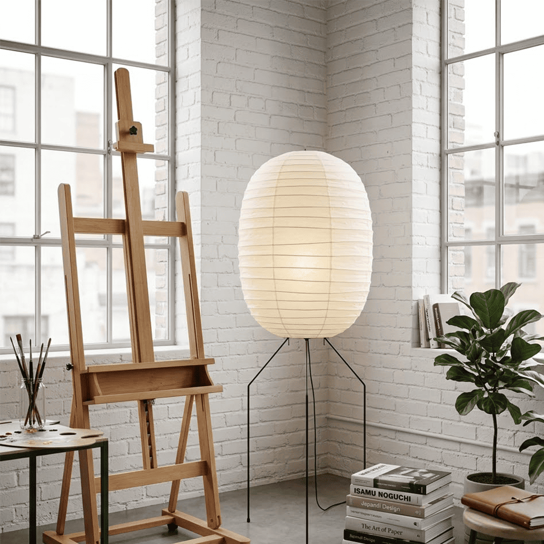 Large Akari UF3-DL floor lamp with a white washi paper shade on a black tripod metal stand, glowing with warm light in a minimalist room.