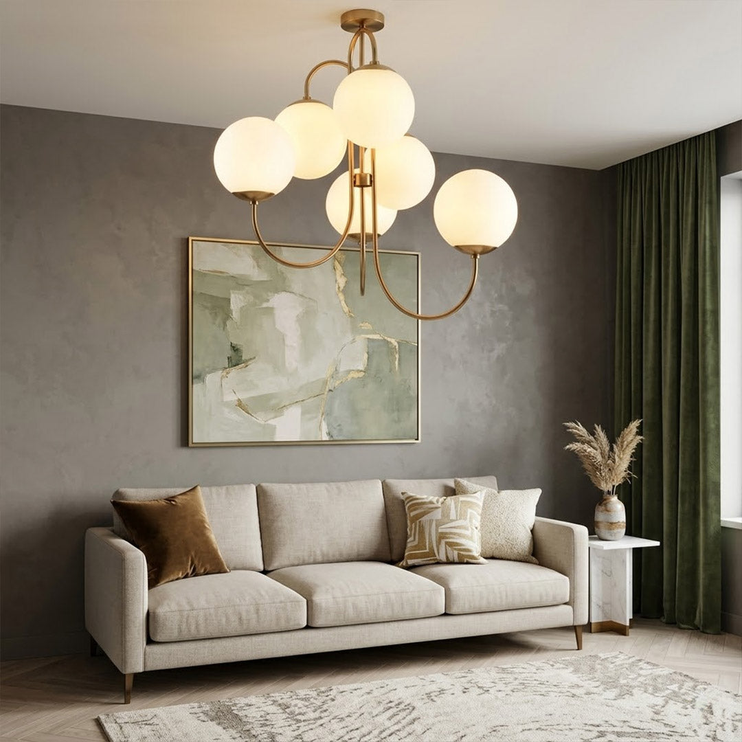 Gooseneck 5-light globe chandelier matte arched arms opal glass 