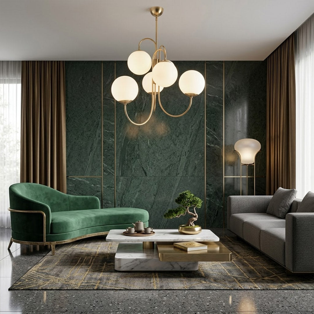 Gooseneck 5-light globe chandelier matte arched arms opal glass 