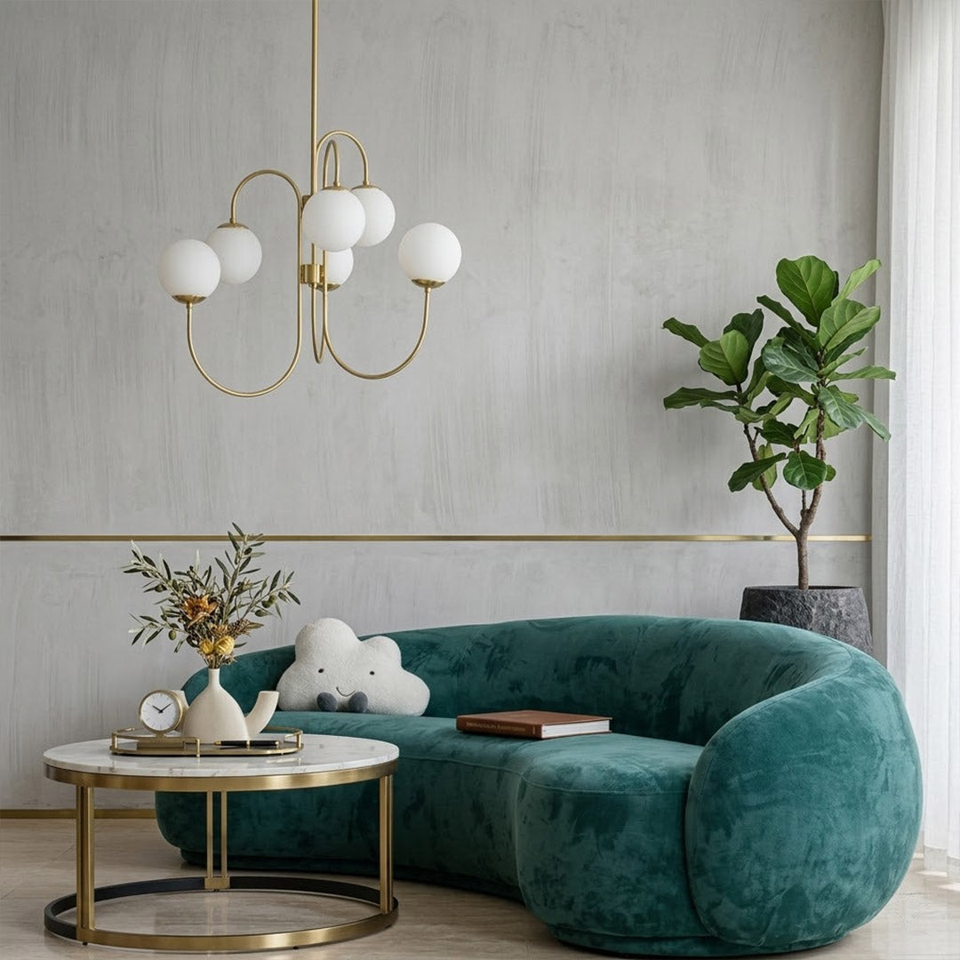 Gooseneck 5-light globe chandelier matte arched arms opal glass 