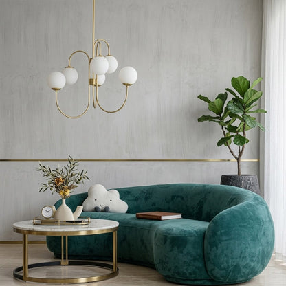 Gooseneck 5-light globe chandelier matte arched arms opal glass 