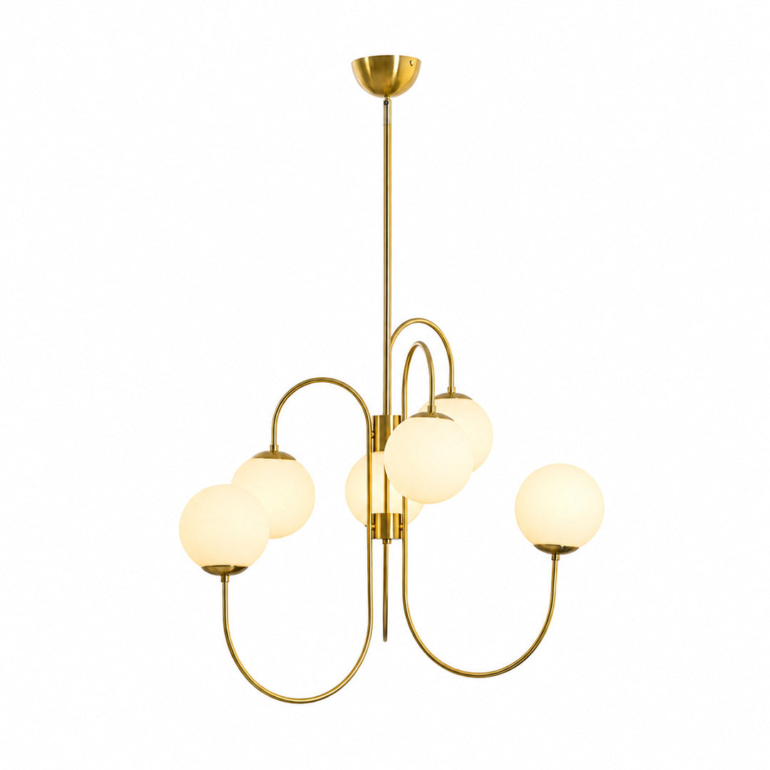 Gooseneck 5-light globe chandelier matte arched arms opal glass 