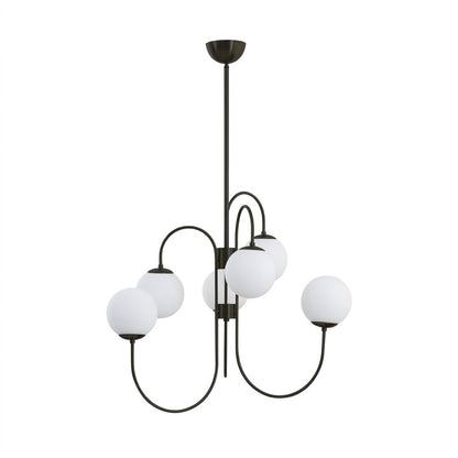 Gooseneck 5-light globe chandelier matte arched arms opal glass 