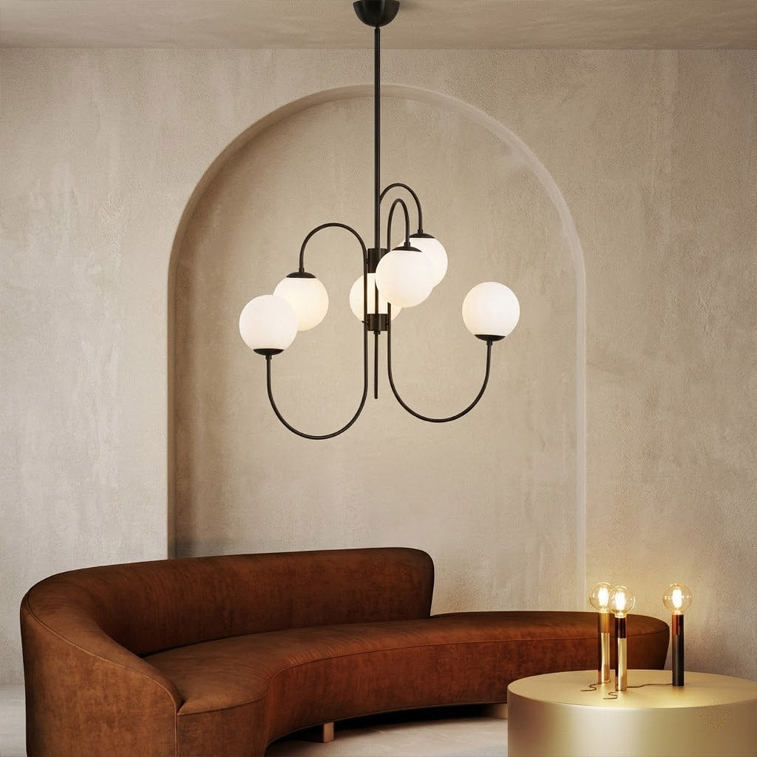 Gooseneck 5-light globe chandelier matte arched arms opal glass 