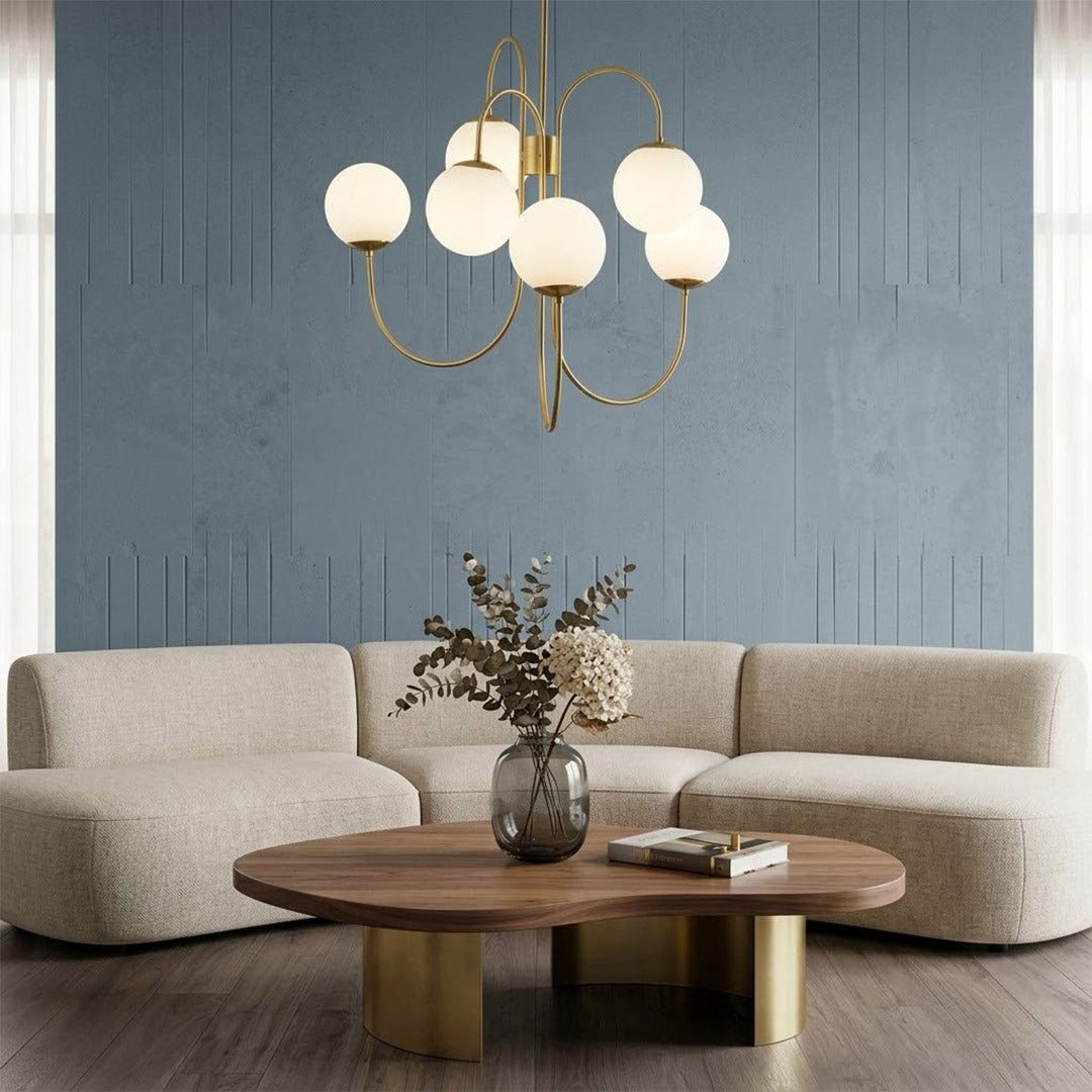 Gooseneck 5-light globe chandelier matte arched arms opal glass 