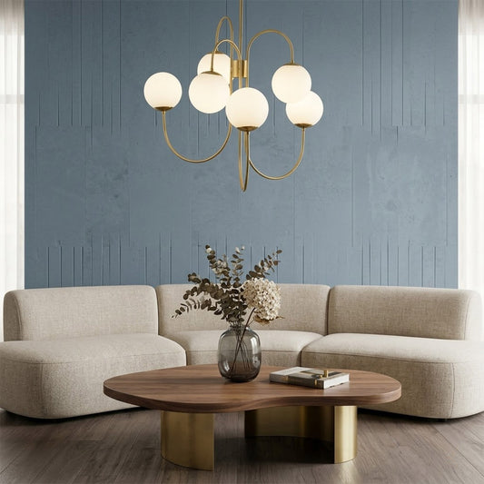 Gooseneck 5-light globe chandelier matte arched arms opal glass 