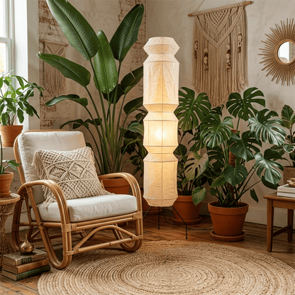 Minimalist modern home lamp: A sculptural Japanese-style multi-tiered paper floor lamp with a columnar design, providing warm interior decoration lighting for a cozy atmosphere.