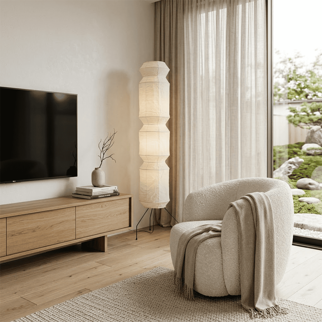 Minimalist modern home lamp: A sculptural Japanese-style multi-tiered paper floor lamp with a columnar design, providing warm interior decoration lighting for a cozy atmosphere.