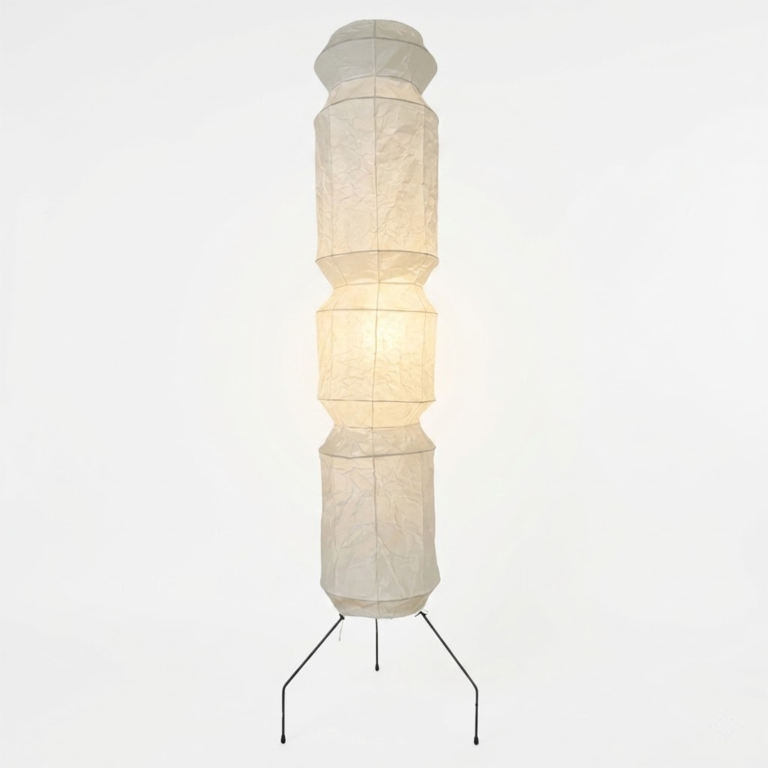 Minimalist modern home lamp: A sculptural Japanese-style multi-tiered paper floor lamp with a columnar design, providing warm interior decoration lighting for a cozy atmosphere.