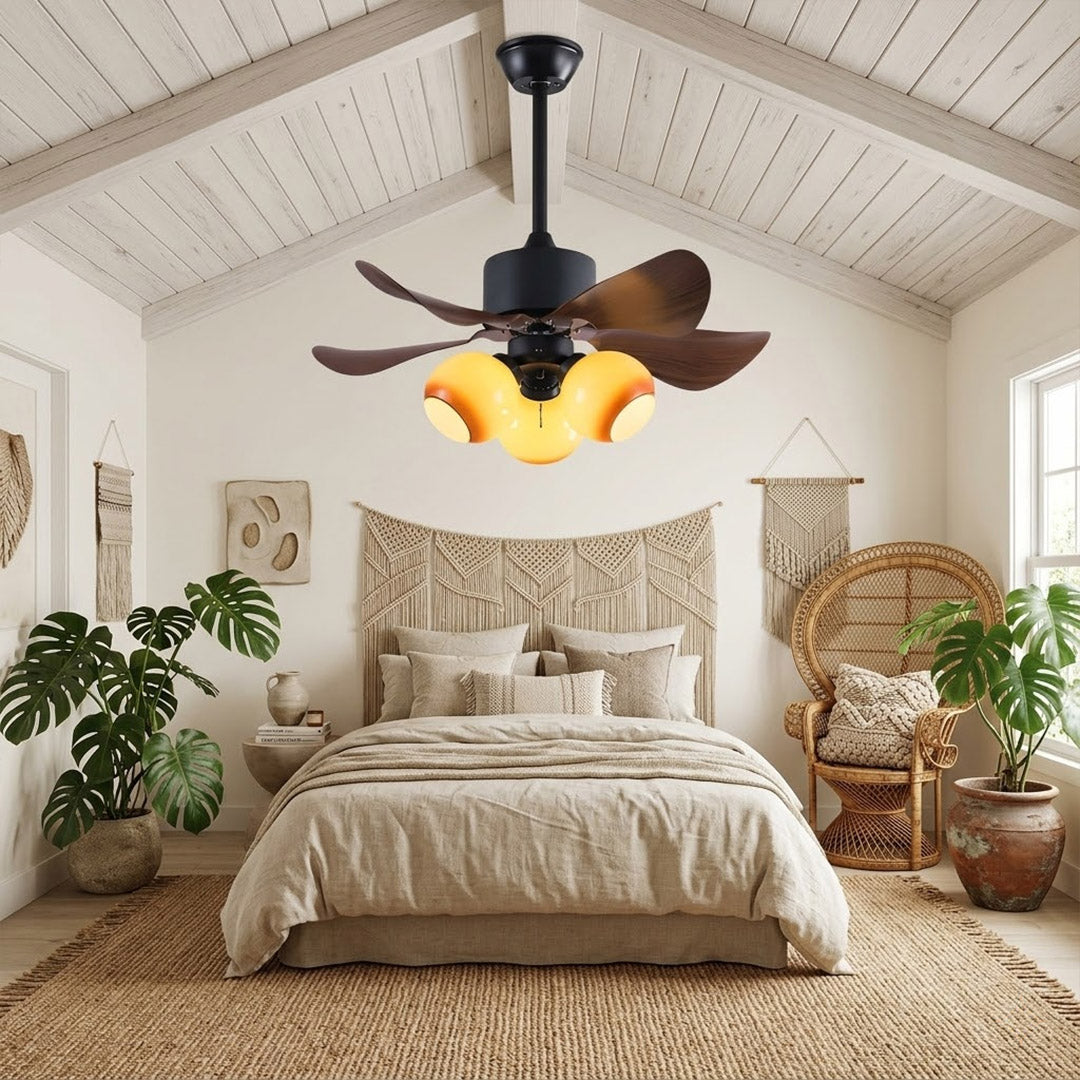 Havana ceiling fan with light 6 walnut blade black motor amber glass globe