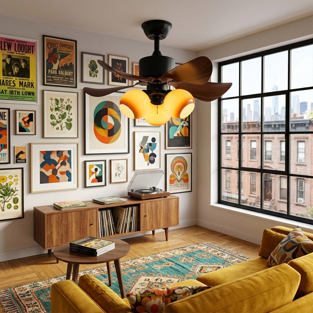 Havana ceiling fan with light 6 walnut blade black motor amber glass globe