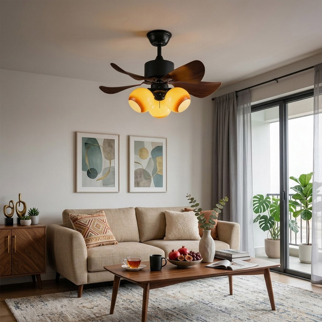 Havana ceiling fan with light 6 walnut blade black motor amber glass globe