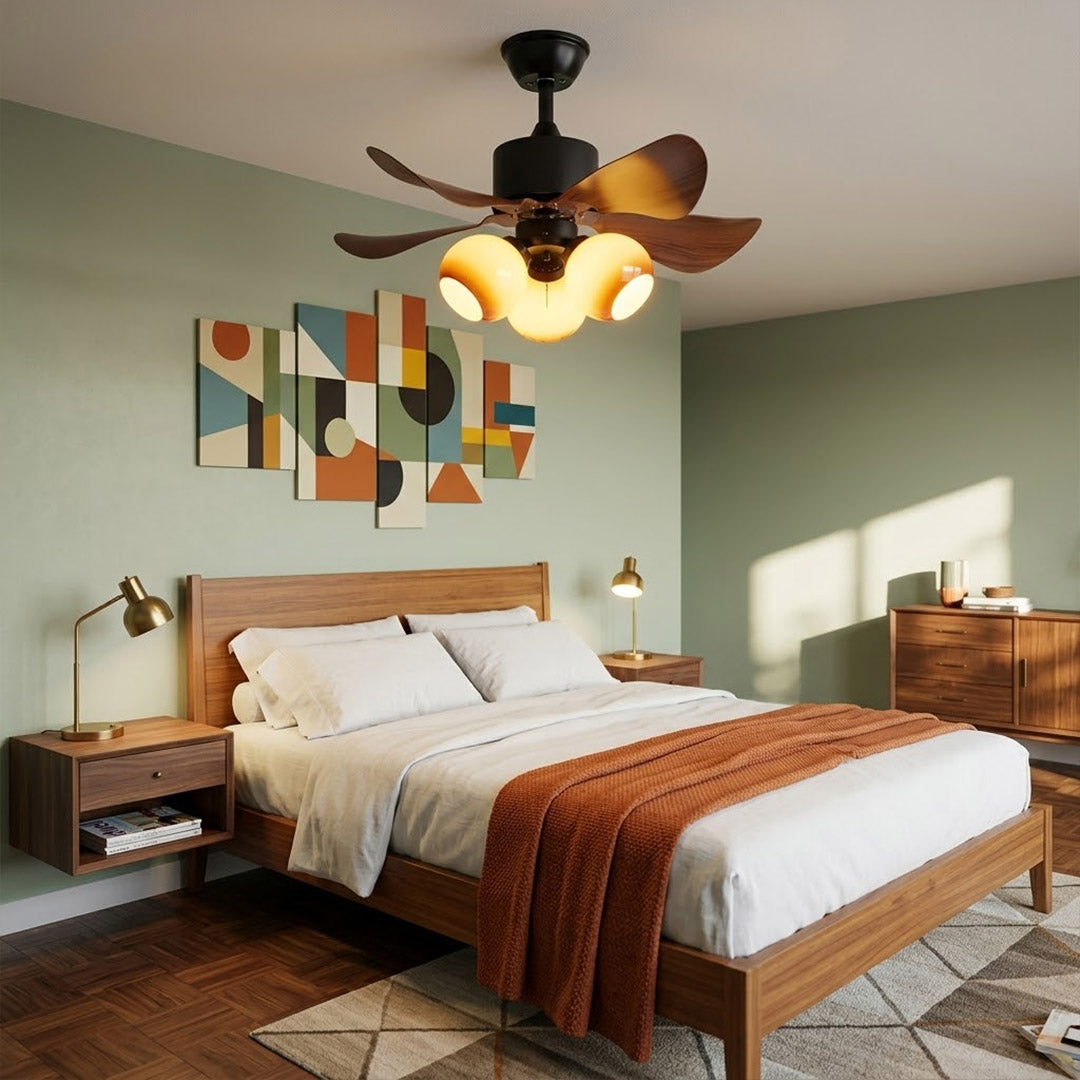 Havana ceiling fan with light 6 walnut blade black motor amber glass globe