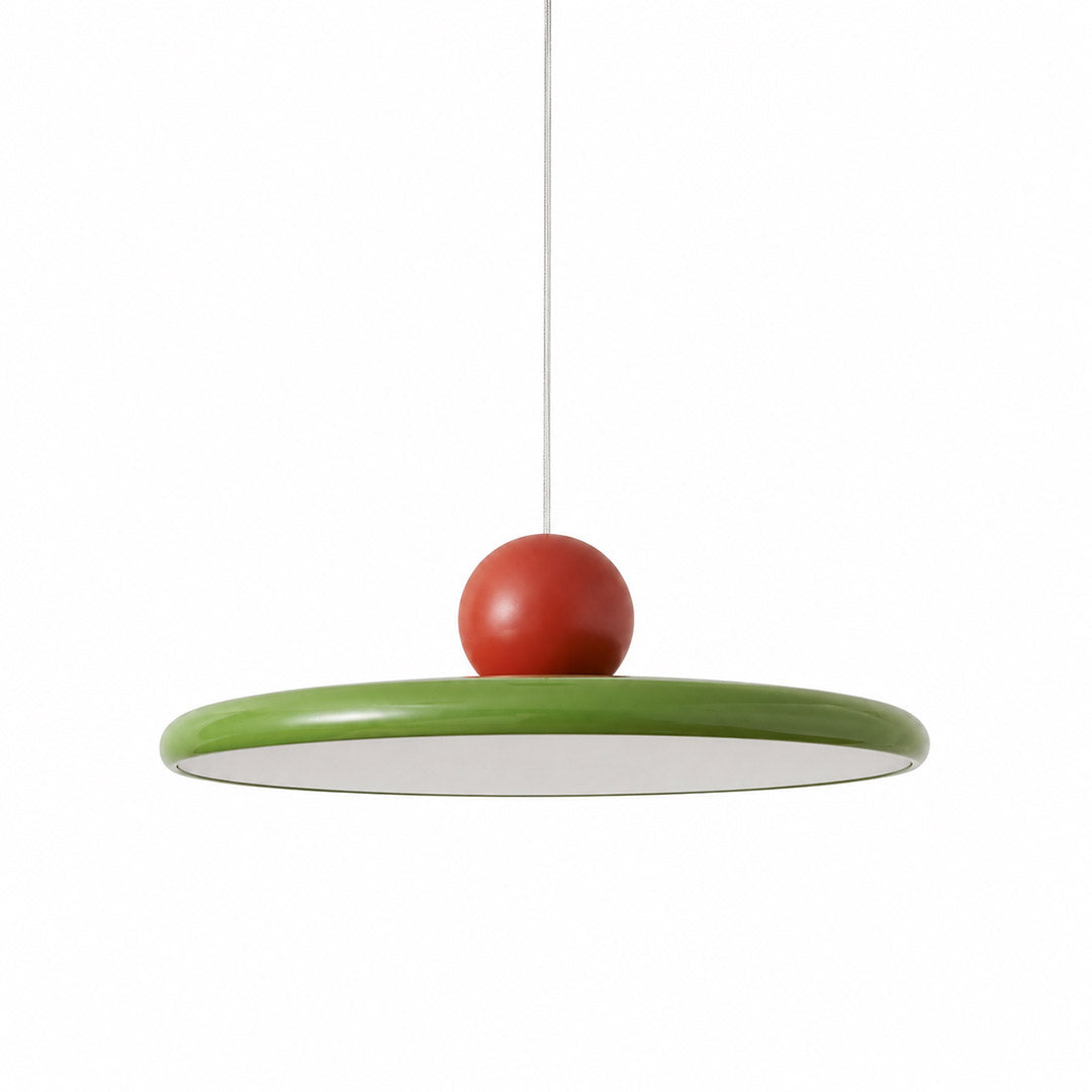 Modern disc pendant light with red sphere accent, minimalist retro LED hanging ceiling lamp by Stuber Lighting