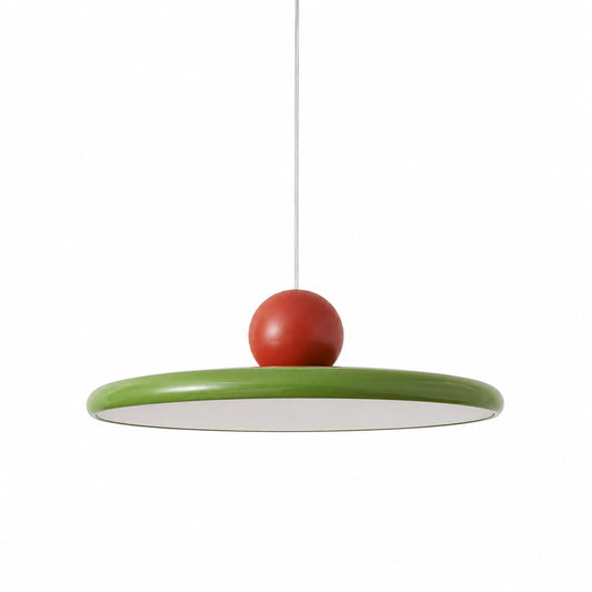 Modern disc pendant light with red sphere accent, minimalist retro LED hanging ceiling lamp by Stuber Lighting