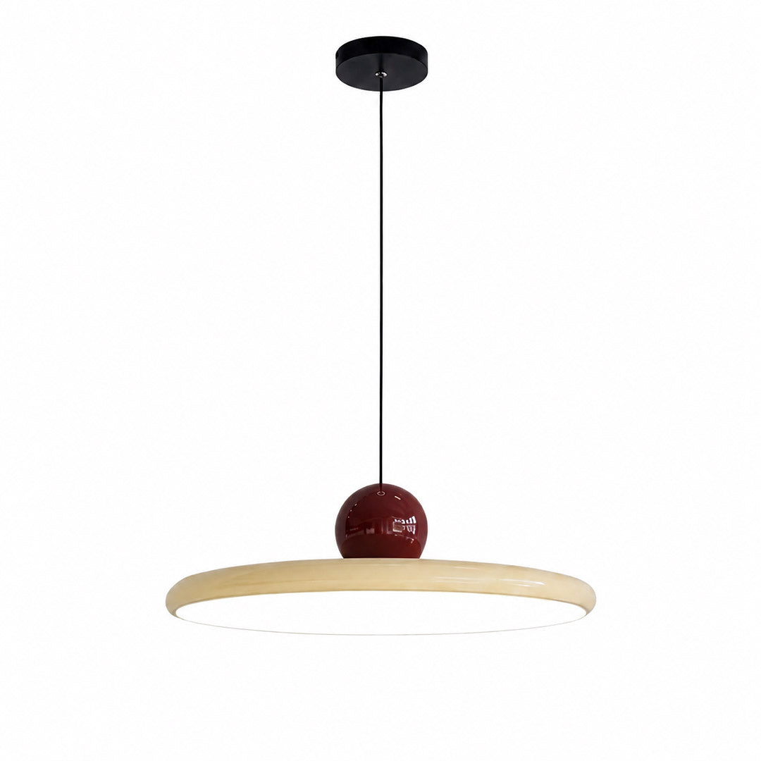 Modern disc pendant light with red sphere accent, minimalist retro LED hanging ceiling lamp by Stuber Lighting
