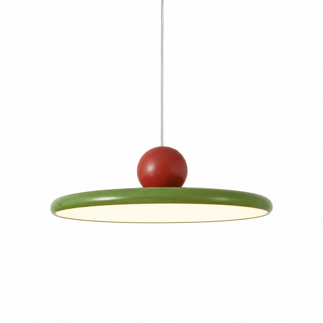 Modern disc pendant light with red sphere accent, minimalist retro LED hanging ceiling lamp by Stuber Lighting