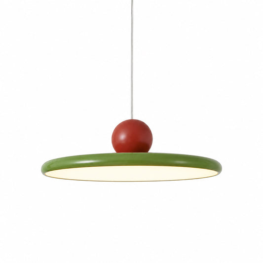 Modern disc pendant light with red sphere accent, minimalist retro LED hanging ceiling lamp by Stuber Lighting
