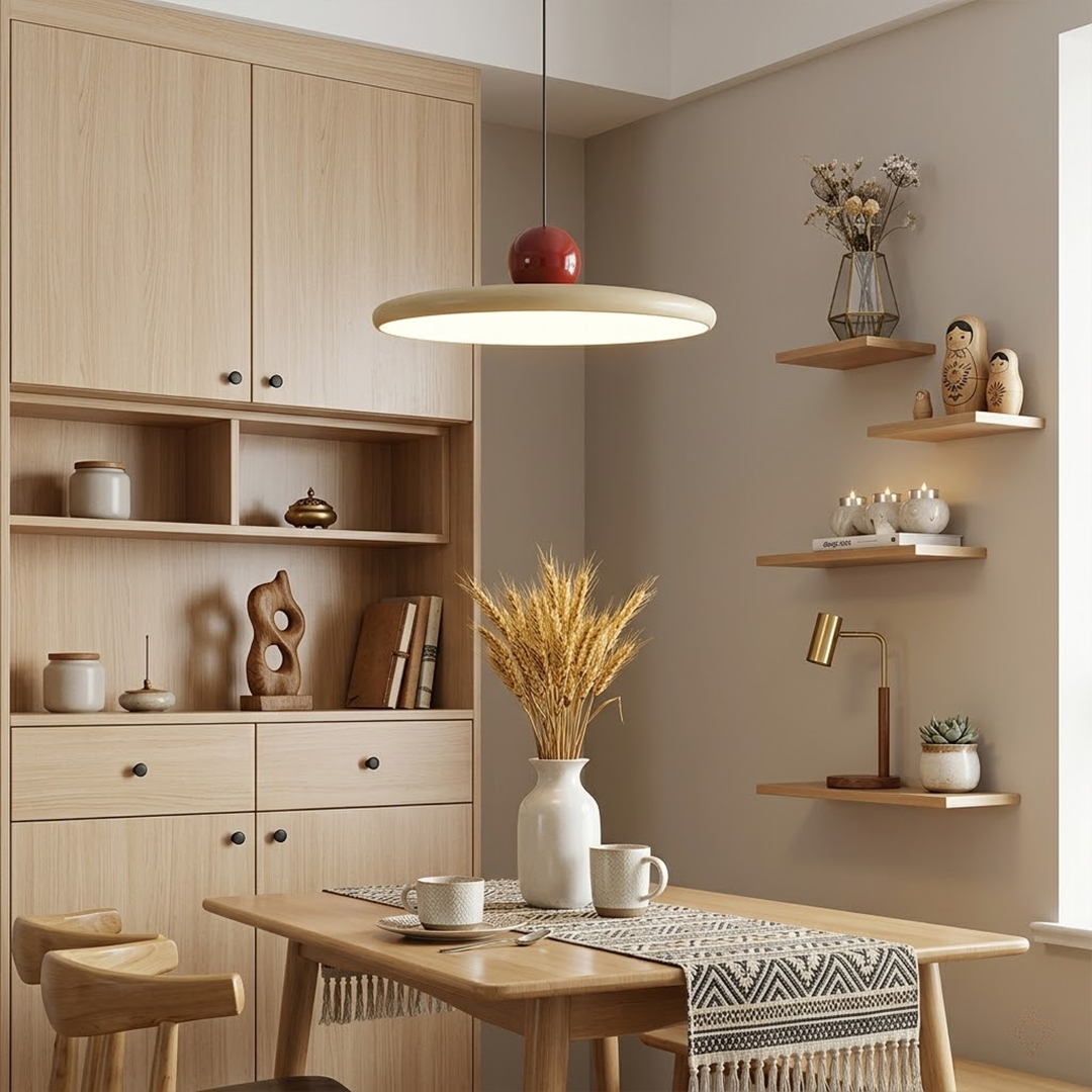 Modern disc pendant light with red sphere accent, minimalist retro LED hanging ceiling lamp by Stuber Lighting