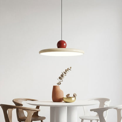 Modern disc pendant light with red sphere accent, minimalist retro LED hanging ceiling lamp by Stuber Lighting